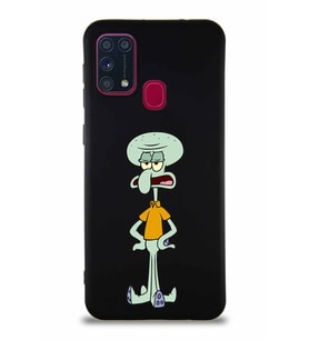 Samsung Galaxy M31 Soft Premier Kapak Squidward Dokunaç Tasarımlı Silikon Kılıf - Siyah (Şeffaf)