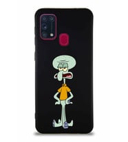 Samsung Galaxy M31 Soft Premier Kapak Squidward Dokunaç Tasarımlı Silikon Kılıf - Siyah (Şeffaf)