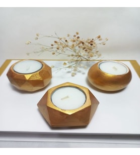 Geometrik Desenli  Antiquity Gold 3'lü Mumluk Set, Dekoratif Masa Sehpa Üstü Aksesuar