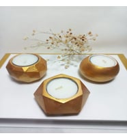 Geometrik Desenli  Antiquity Gold 3'lü Mumluk Set, Dekoratif Masa Sehpa Üstü Aksesuar