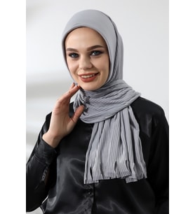 Gri Tesettür Hazır Pratik Fitilli Pamuklu Şal