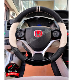Honda Civic FB7 Dikme Direksiyon Kılıfı Delikli Deri Parlak Siyah Bej Detay Çift Yüzük ve Dikiş 2012-2016