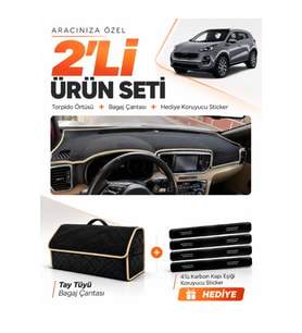 KİA SPORTAGE (2018-2021) Uyumlu Torpido Örtüsü + Tay Tüyü Bagaj Çantası + Sticker Seti - Siyah Bej