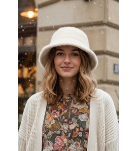 Lüks Alpaka Yün Kova Şapka - Ekru Kışlık Boho Bucket Hat