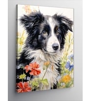 Kanvas Tablo Siyah Beyaz Köpek Ve Çiçekler