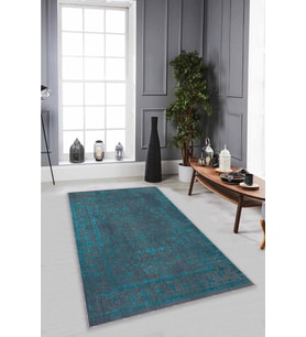 Turkuaz Vintage Kaymaz Taban Makinede Yıkanabilir Halı KR023 - 100 x 160 cm