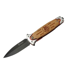 Fs 11033 Kahverengi Kurtarma / Kamp Çakısı 20cm - Yarı Otomatik, Kurt İşlemeli Ahşap Sap, Kemerlikli
