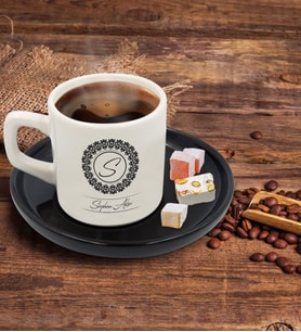 BK Gift Kişiye Özel Siyah Sunum Tabaklı İsimli Türk Kahvesi Fincanı Model 2