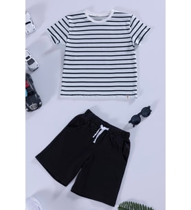 Çizgili Tshirt Şort Siyah Takım