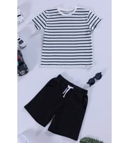 Çizgili Tshirt Şort Siyah Takım