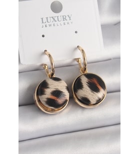Pirinç Gold Renk Leopar Desenli Daire Model Kadın Küpe - TJ-BKP9878