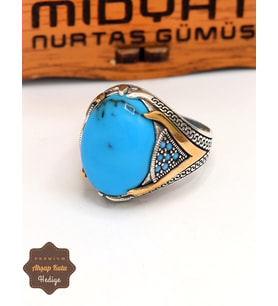 Firuze-Turkuaz Taşlı Mikro Zirkon Motifli 925 Ayar Gümüş Erkek Yüzük 201024908
