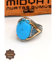 Firuze-Turkuaz Taşlı Mikro Zirkon Motifli 925 Ayar Gümüş Erkek Yüzük 201024908