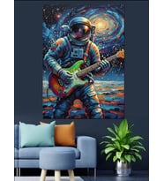 Astronot Gitar Çalıyor Uzayda Dekoratif Kanvas - Mdf Ahşap Tablo