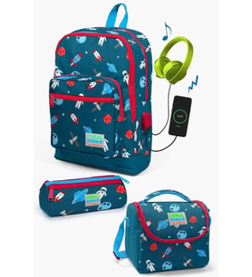 Coral High Kids Çivit Kırmızı Uzay Desenli USB'li 3’lü Okul Çanta Seti - Erkek Çocuk