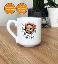 3D Efektli Yavru Ceylan Hediye Kupa Bardak Oval İsimli İsim Yazılı (Beyaz)