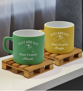 BK Gift Kişiye Özel İsimli Best Friend 2’li Yeşil ve Sarı Renkli Middle Çay & Kahve Fincanı-2, Arkadaşa Hediye, Sevgiliye Hediye