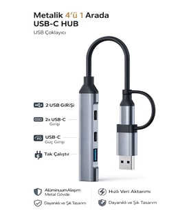 USB-C Hub 4in1 Dönüştürücü 2x USB 2x Type-C Alüminyum Çevirici Tak Çalıştır Çoklayıcı