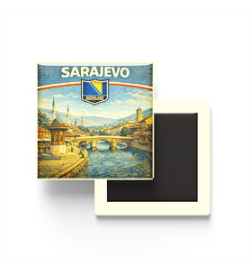Retro Bosna-Hersek Saraybosna Şehri Temalı Vintage Buzdolap Magneti – 9x9 cm