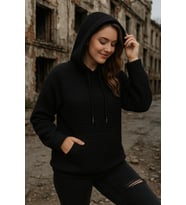 Kadın Uzun Kollu Kapşonlu Bağcıklı Cepli Capitone Sweatshirt (Siyah)