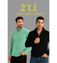 Erkek Fitilli Triko Kazak 2’li Set – Mint Yeşili - Siyah, Kalın Dokuma Pamuklu Regular Fit V Yaka F