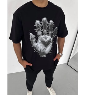 Erkek Baskılı T-Shirt Kısa Kol Bisiklet Yaka Regular Fit Rahat Kalıp Günlük Tişört - Siyah