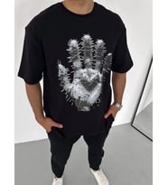Erkek Baskılı T-Shirt Kısa Kol Bisiklet Yaka Regular Fit Rahat Kalıp Günlük Tişört - Siyah