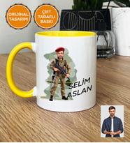 Kişiye Özel Karikatürlü Asker Kupa Bardak Beyaz Askere Hediye Asker Sevgiliye Hediye (Sarı)