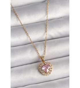 316L Çelik Gold Renk Zincir Pembe Zirkon Taşlı Kalp Model Kadın Kolye (Altın)