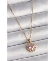 316L Çelik Gold Renk Zincir Pembe Zirkon Taşlı Kalp Model Kadın Kolye (Altın)