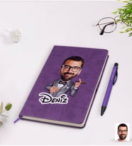 BK Gift Kişiye Özel Erkek Patron Karikatürlü Mor Termo Deri Defter Kalem Seti Model 3