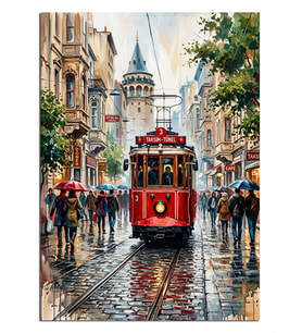 Yağmurlu Taksim Tramvay Ve Galata Kulesi Dekoratif Kanvas - Mdf Ahşap Tablo