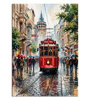 Yağmurlu Taksim Tramvay Ve Galata Kulesi Dekoratif Kanvas - Mdf Ahşap Tablo