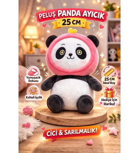 Peluş Panda Ayıcık 25 CM Kapüşonlu Sevimli Panda Oyuncak (Pembe)
