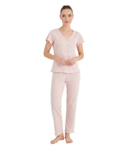 Seamlife Kadın %100 Pamuk Kalp Desenli Önü Düğmeli Kısa Kollu Pijama Takımı (Pudra)