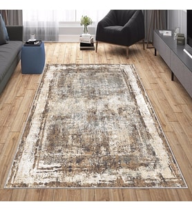Vizon Abstract Desen Yıkanabilir Kaymaz Taban Leke Tutmaz Modern Salon Halısı ve Yolluk (Krem)