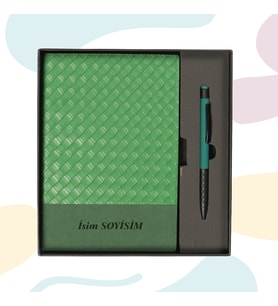 Akpınar Promosyon Premium Deri Görünümlü Defter & Kalem Hediye Seti (Orman Yeşili)