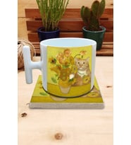 Kediler ve Sanat/Van Gogh Set 9 - Vase with Fifteen Sunflowers (Onbeş Ayçiçekli Vazo) T Kulplu Fincan Kupa-Taş Bardak Altlığı 10