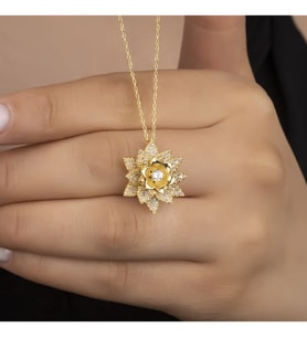 Saklı Takı 925 Ayar Gümüş Gold Taşlı Lotus Kolye