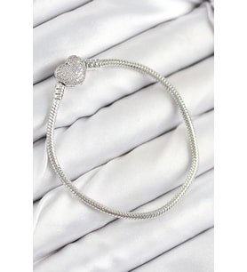 Pirinç Charm Zirkon Taşlı Kalp Model Gümüş Renk Kadın Bileklik - TJ-BB7803