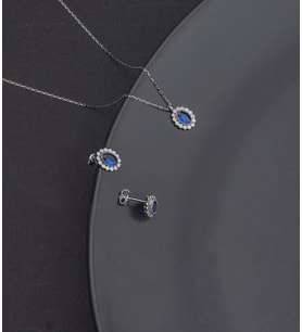925 Ayar Gümüş Oval Safir Model Kolye Ve Küpe Takı Seti