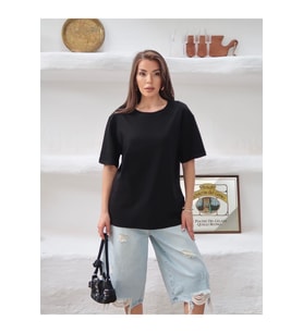 Kadın Mia İnterlok Kumaş Bisiklet Yaka Oversize T-Shirt