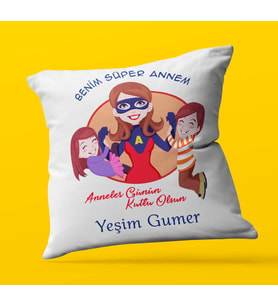 Kişiye Özel Benim Süper Annem 2 Tasarımlı   Saten Kare Yastık (Beyaz)