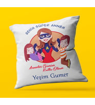 Kişiye Özel Benim Süper Annem 2 Tasarımlı   Saten Kare Yastık (Beyaz)