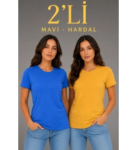 Basic Bisiklet Yaka Yazlık Slim Fit T-Shirt - Mavi - Hardal Sarısı