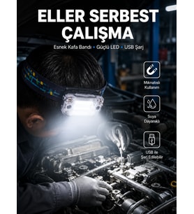 Beyaz Led Işık Sensörlü Kafa Lambası Lityum Batarya Led El Fenerli Şarjlı