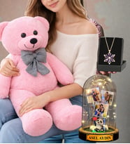 Pembe Peluş Ayıcık Size Özel Led Işıklı Fanus ve Gerçek Ametist Taşlı Lotus Kolye Seti (Model 4)