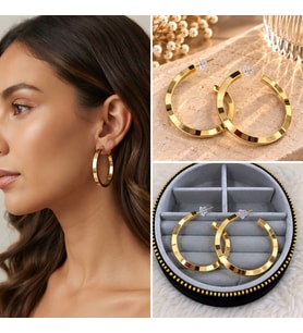 Premium Parlak ve Şık Gold Renk Büyük Boy İnce Köşeli Halka 316L Çelik Kadın Küpe