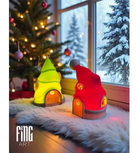 FingArt Noel Şapkası ve Çam Ağacı Tasarımlı Ev Seti, Tealight Mum Işıklı 2’li Yılbaşı Dekoru (Kırmızı-Yeşil)