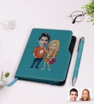 BK Gift Kişiye Özel Sevgililer Karikatürlü Turkuaz Termo Deri Defter Kalem Seti-54